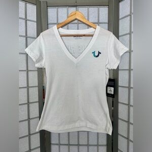 True Religion White V-Neck Tee with Blue Logo